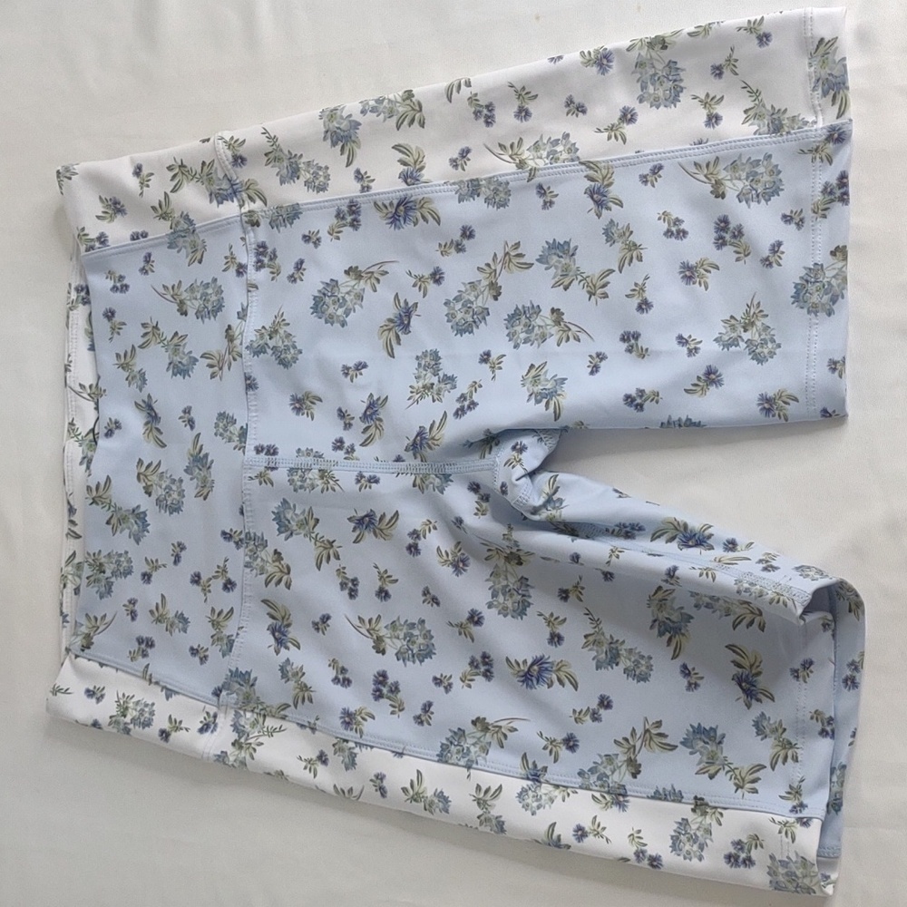 Sage blue and white flowered bike shorts, size XS, Like New